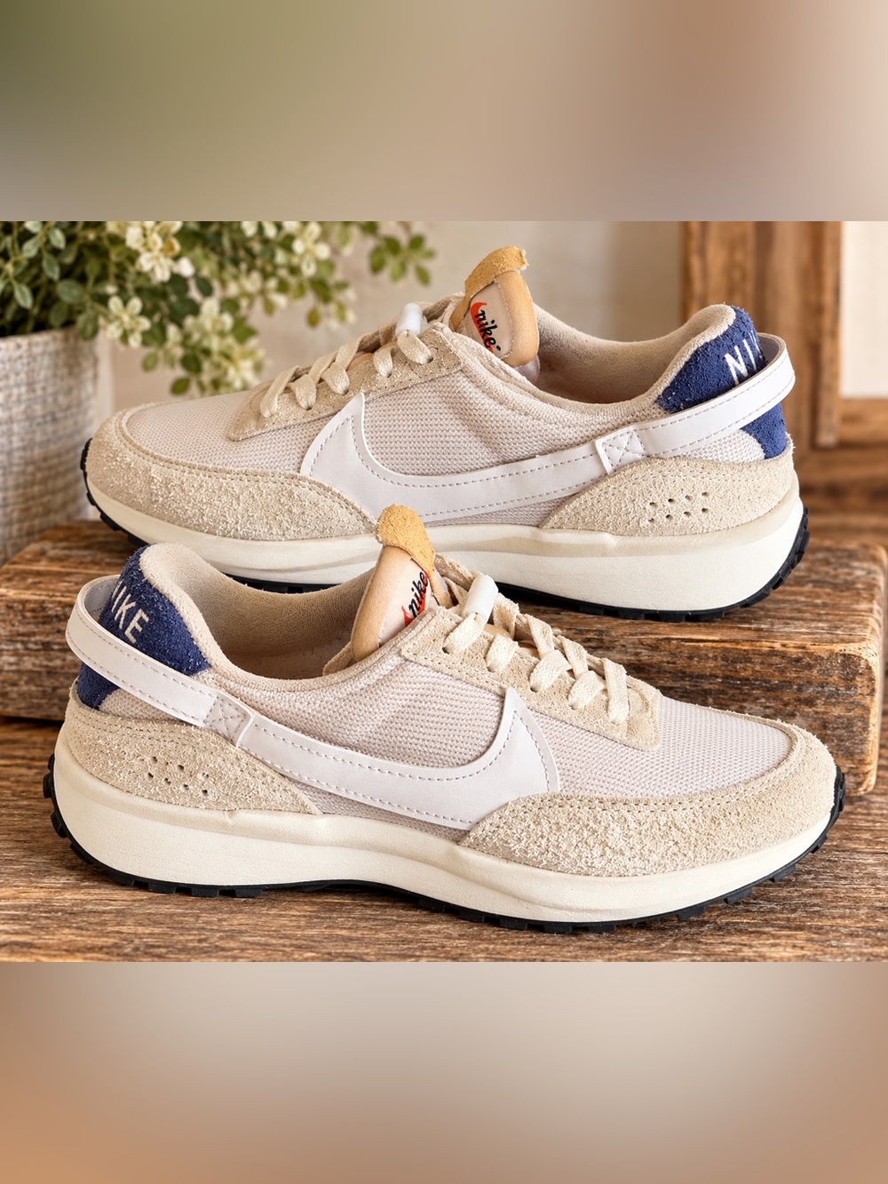 Nike Women's Cream Suede & White Swoosh Sneakers with Navy Heel